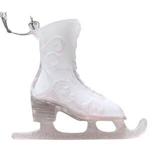 GLASS FIGURE SKATE ORNAMENT WITH SILVER GLITTER